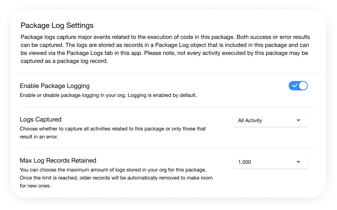 Strike Framework Package Log Settings interface, with toggle for package log enablement and selection picklists for logs captured and maximum log records retained